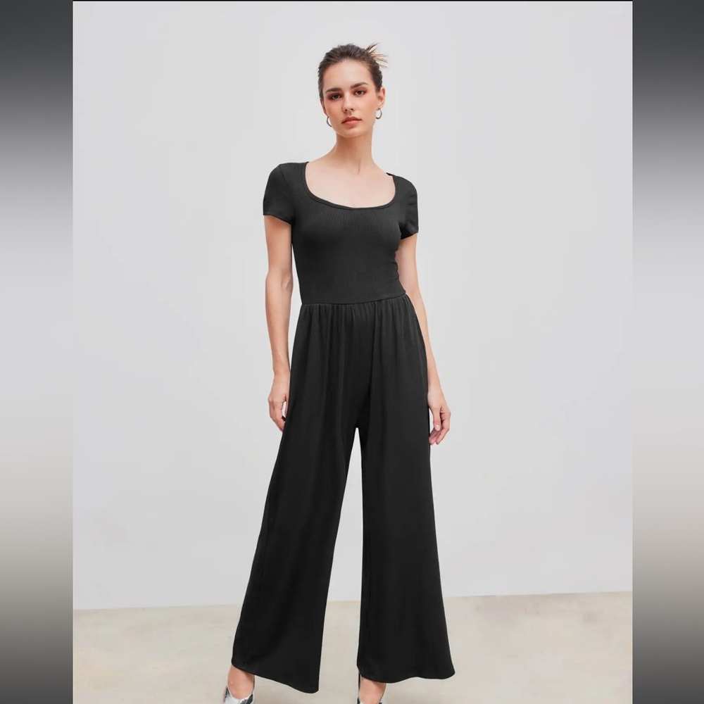 CIDER SCOOP NECK SHORT SLEEVE WIDE LEG RIBBED JUMPSUIT SZ M BLACK W/ POCKETS - Picture 6 of 11